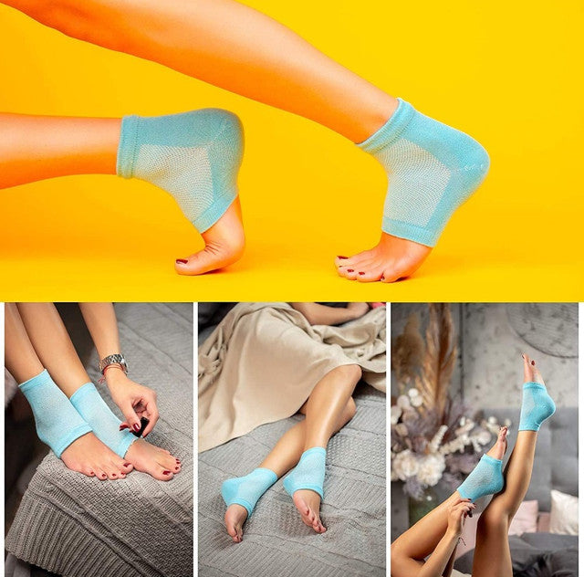 Blue moisturizing cotton heel socks with gel padding for soft and smooth heels