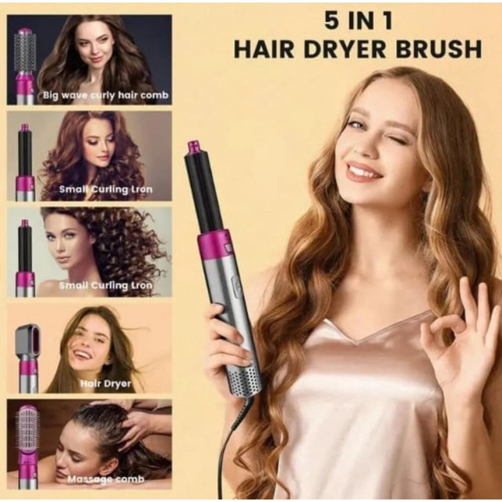 { "alt_text": "Pink hair dryer multifunctional hair styler kit, professional 5 in 1 styling brush set for home use" }