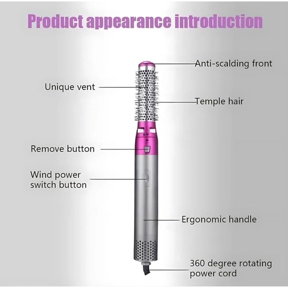 { "alt_text": "Pink hair dryer multifunctional hair styler kit, professional 5 in 1 styling brush set for home use" }