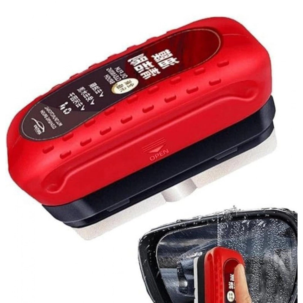 { "alt_text": "Red black nylon auto windshield cleaning brush for removing oil film, water spots, and automotive glass grime" }