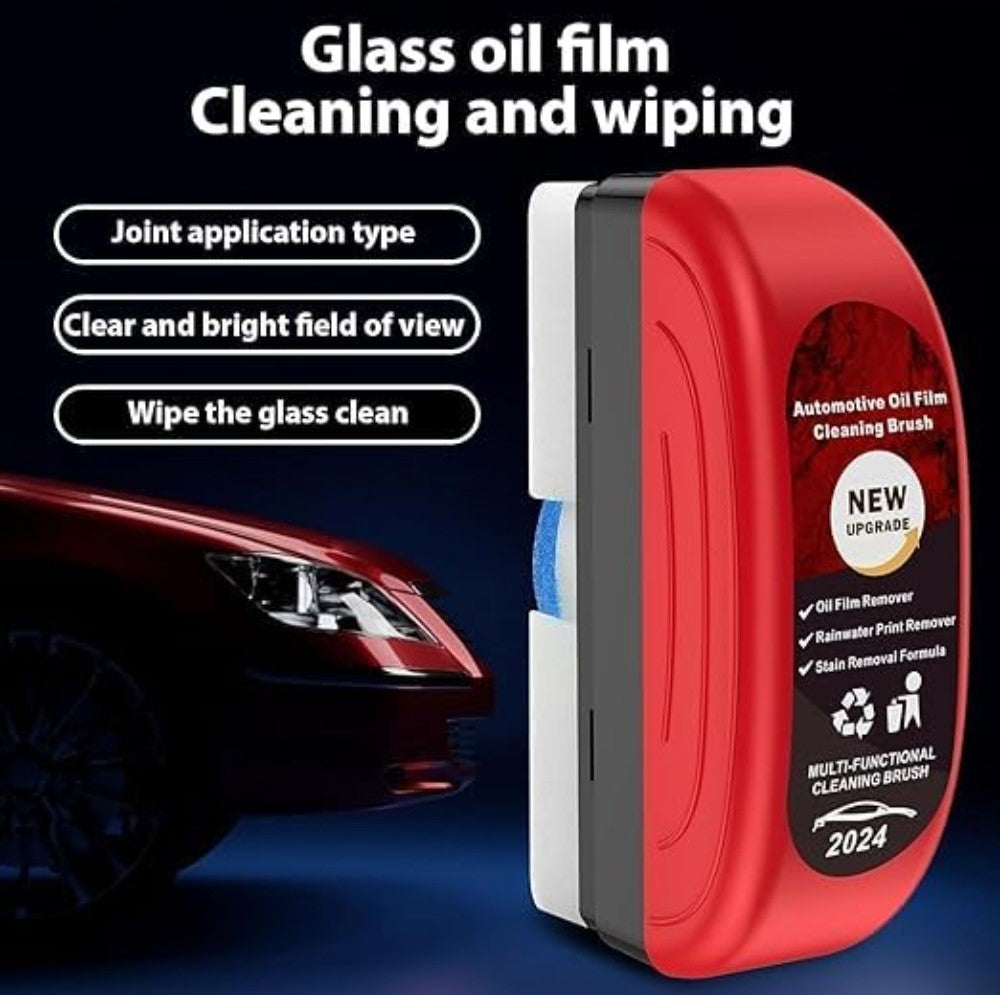 Red and black dual-sided automotive cleaning brush for removing oil films and grime from car glass