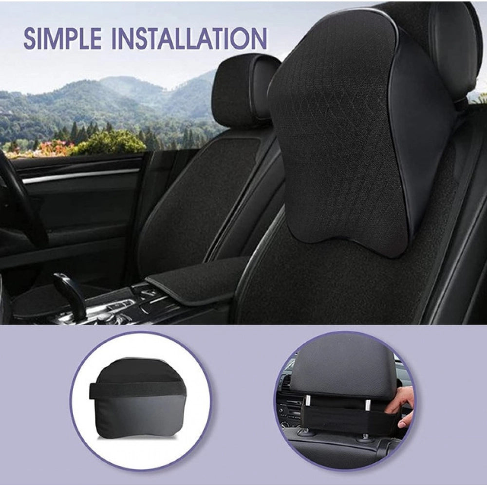 { "alt_text": "Black memory foam car headrest pillow for neck support, pain relief, and comfortable travel on long drives" }