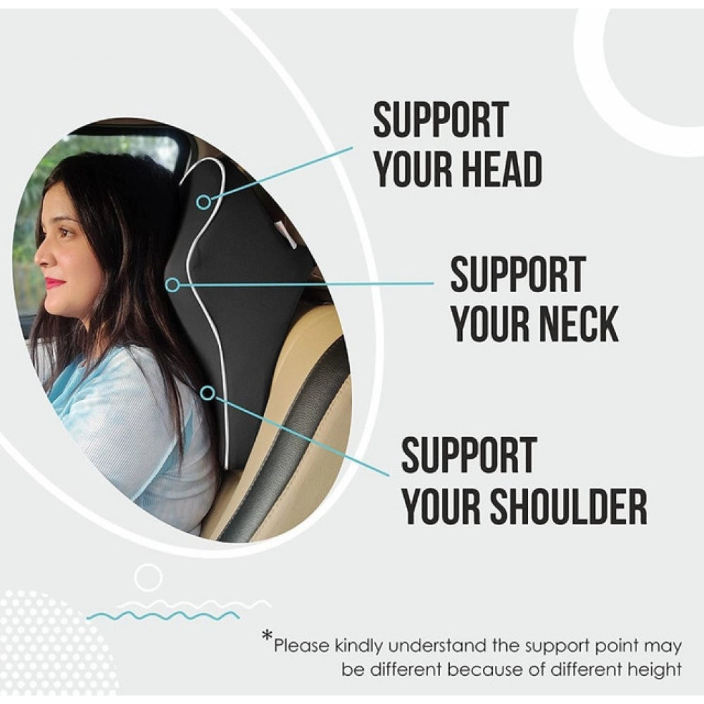 { "alt_text": "Black memory foam car headrest pillow for neck support, pain relief, and comfortable travel on long drives" }
