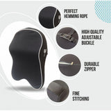 { "alt_text": "Black memory foam car headrest pillow for neck support, pain relief, and comfortable travel on long drives" }