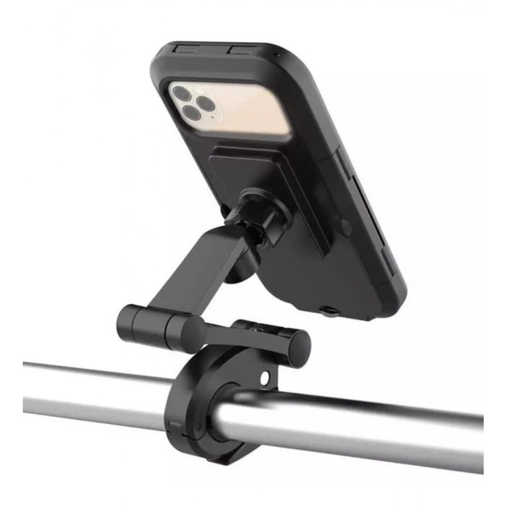Black waterproof mobile phone holder for motorcycles with adjustable clamp and full rotation for optimal visibility during rides