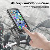 Black waterproof mobile phone holder for motorcycles with adjustable clamp and full rotation for optimal viewing angle