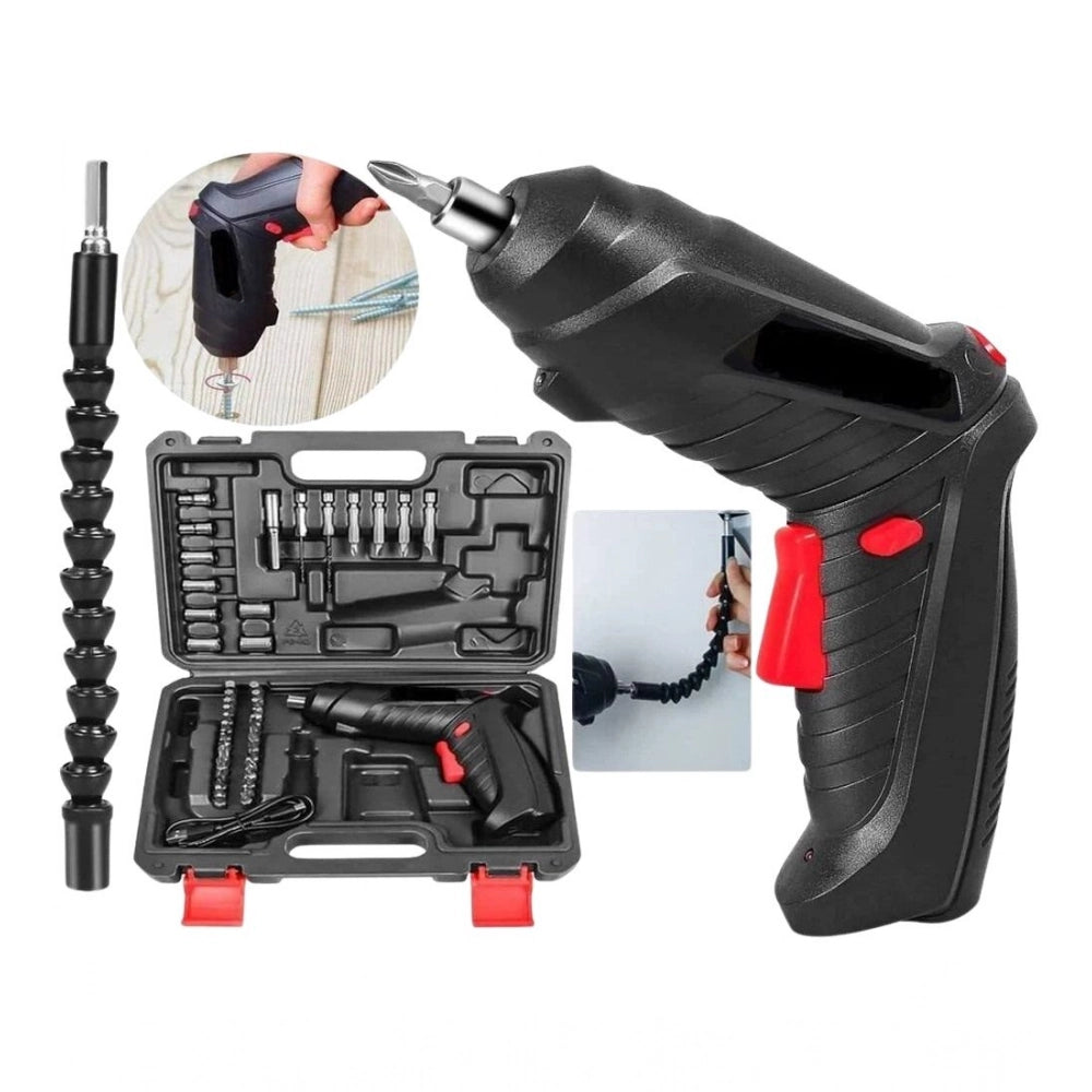 { "alt_text": "Black electric screwdriver set, rechargeable household tool, useful for DIY and hobby projects" }