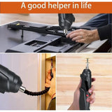 { "alt_text": "Black electric screwdriver set, rechargeable household tool, useful for DIY and hobby projects" }