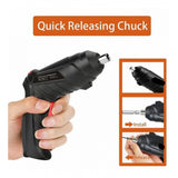 { "alt_text": "Black electric screwdriver set, rechargeable household tool, useful for DIY and hobby projects" }