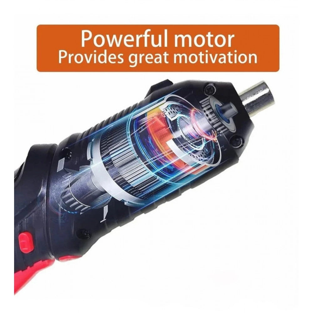 { "alt_text": "Black electric screwdriver set, rechargeable household tool, useful for DIY and hobby projects" }