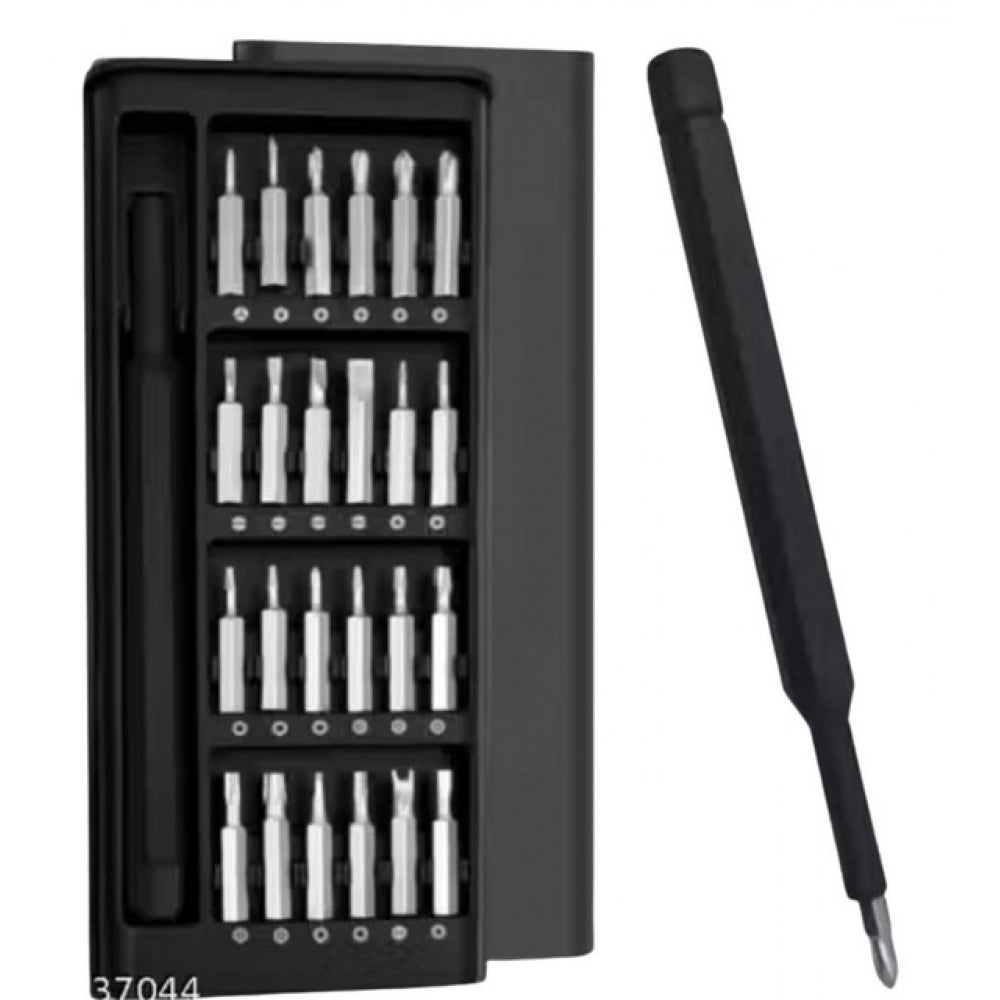 { "alt_text": "Black S2 steel screwdriver set, 24-in-1 precision repair tool kit for electronics and household appliances" }