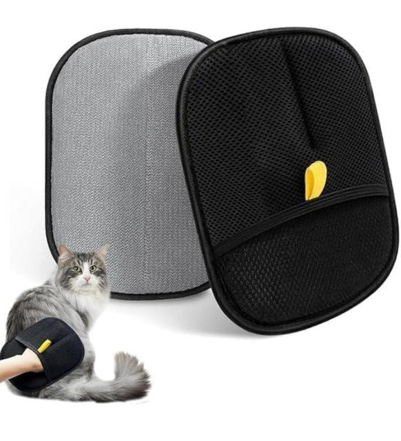 Black mesh and gray fabric pet hair remover glove for cleaning furniture, bedding, and gentle grooming