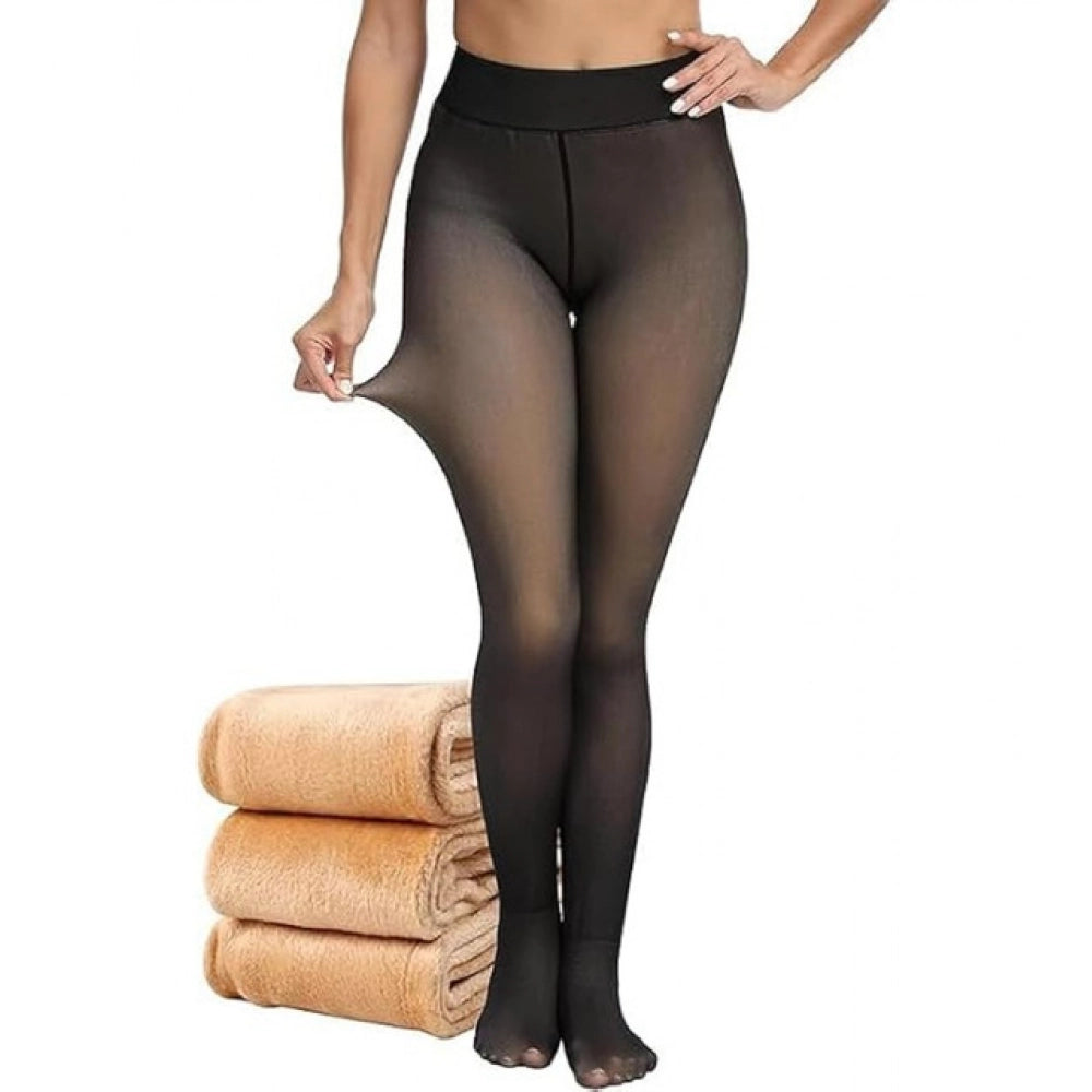 Black fleece-lined leggings with sheer finish, ideal for winter outfits and outdoor activities