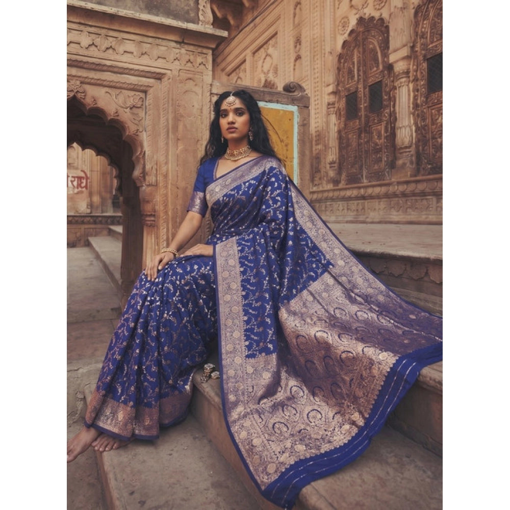 { "alt_text": "Navy blue art silk printed saree with unstitched blouse, 5.5 meter ethnic wear, Indian traditional clothing" }