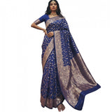 { "alt_text": "Navy blue art silk printed saree with unstitched blouse, 5.5 meter ethnic wear, Indian traditional clothing" }