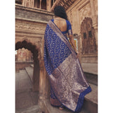 { "alt_text": "Navy blue art silk printed saree with unstitched blouse, 5.5 meter ethnic wear, Indian traditional clothing" }