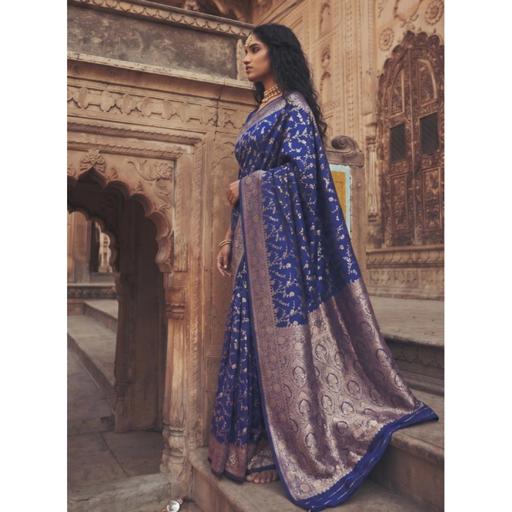 { "alt_text": "Navy blue art silk printed saree with unstitched blouse, 5.5 meter ethnic wear, traditional Indian clothing" }