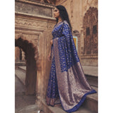 { "alt_text": "Navy blue art silk printed saree with unstitched blouse, 5.5 meter ethnic wear, traditional Indian clothing" }