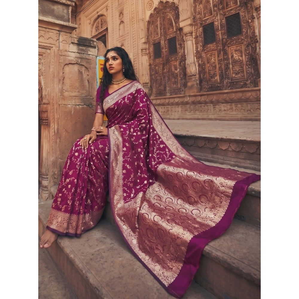 { "alt_text": "Wine art silk printed saree with unstitched blouse 5.5m, traditional Indian ethnic wear" }
