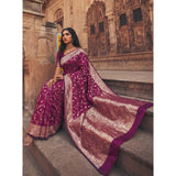{ "alt_text": "Wine art silk printed saree with unstitched blouse 5.5m, traditional Indian ethnic wear" }