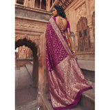 { "alt_text": "Wine art silk printed saree with unstitched blouse 5.5m, ethnic wear, Indian traditional clothing" }
