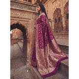 { "alt_text": "Wine art silk printed saree with unstitched blouse 5.5m, ethnic wear, Indian traditional clothing" }