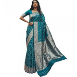 { "alt_text": "Teal art silk printed saree with unstitched blouse, 5.5m, ethnic wear, Indian traditional clothing" }