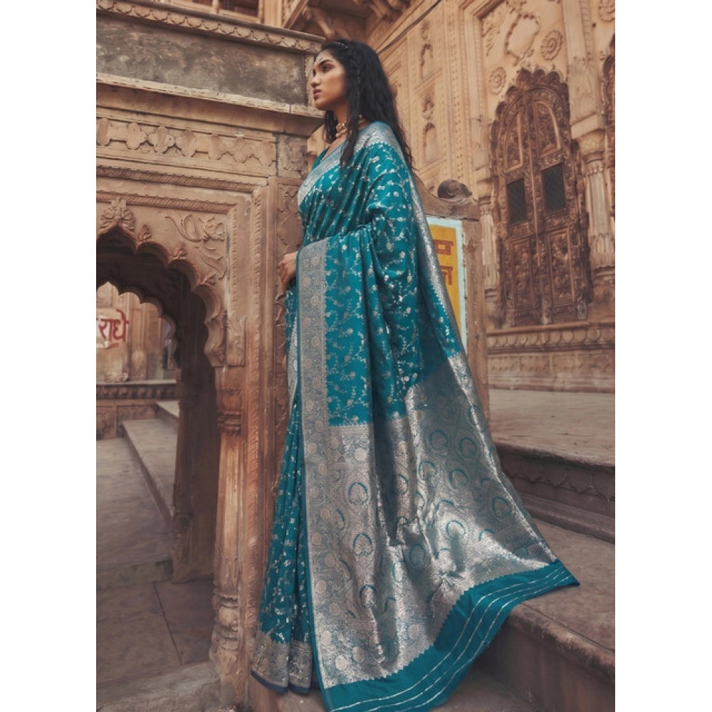 { "alt_text": "Teal art silk printed saree with unstitched blouse, 5.5m, ethnic wear, Indian traditional clothing" }