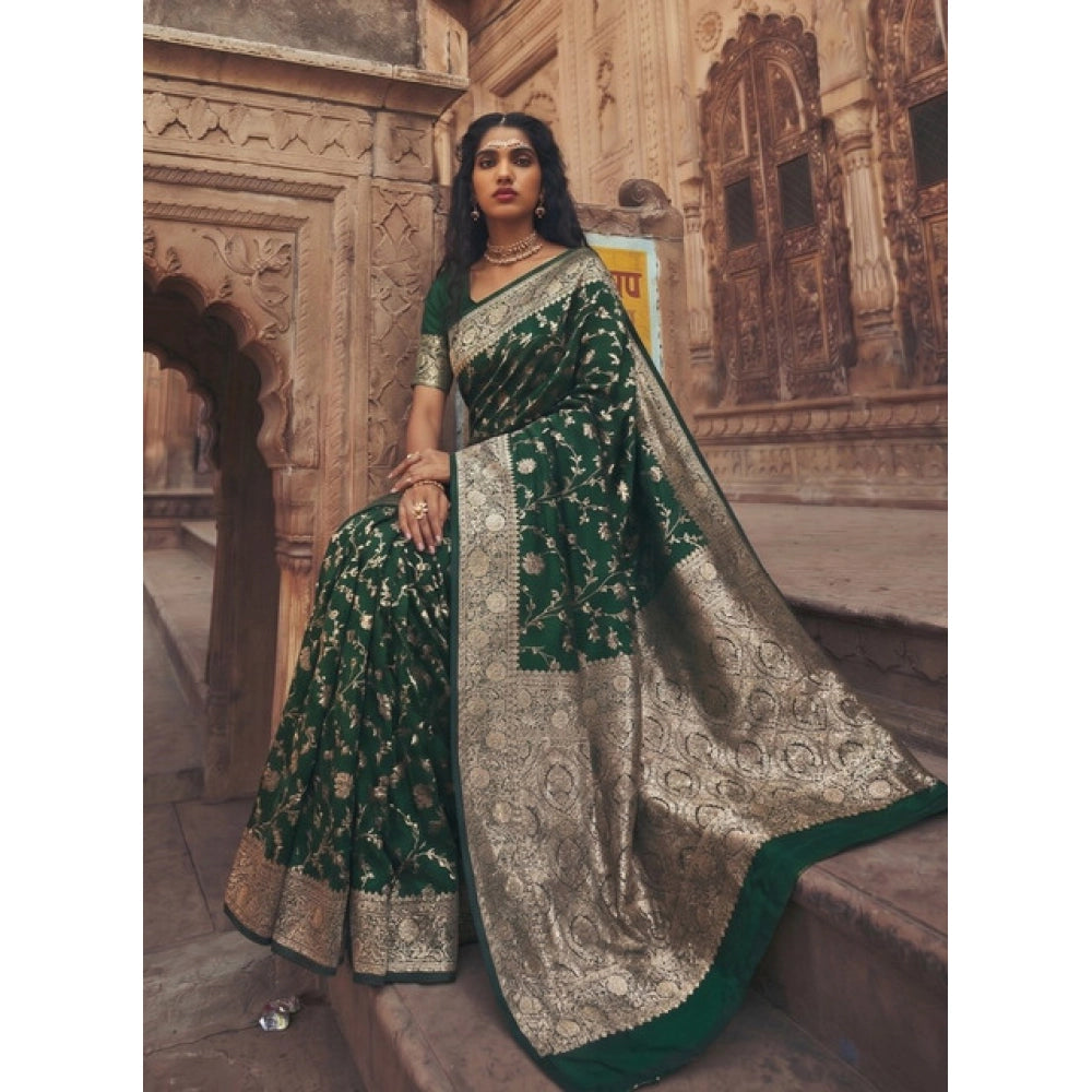 { "alt_text": "Green art silk printed saree with unstitched blouse, 5.5Mtr, ethnic wear, traditional Indian clothing" }