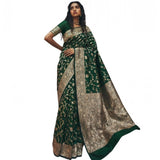 { "alt_text": "Green art silk printed saree with unstitched blouse, 5.5m, ethnic wear, traditional Indian clothing" }