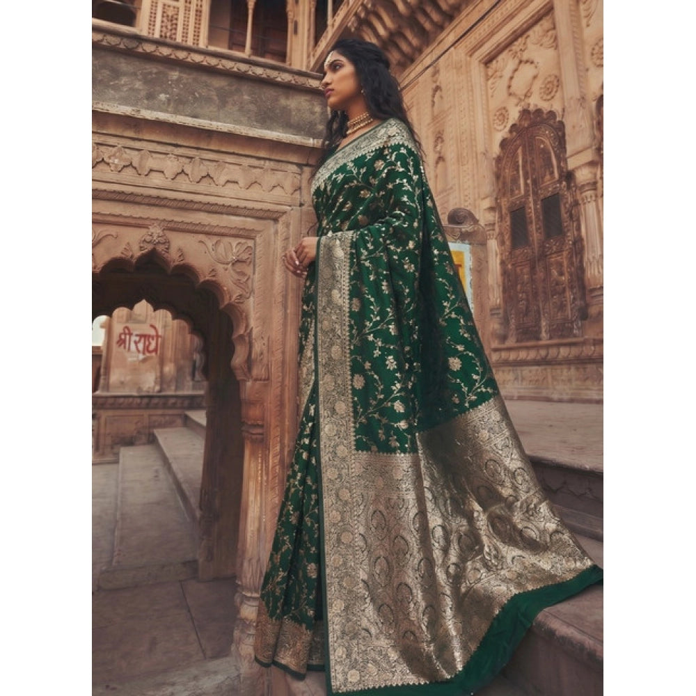 { "alt_text": "Green art silk printed saree with unstitched blouse, 5.5Mtr, ethnic wear, traditional Indian clothing" }