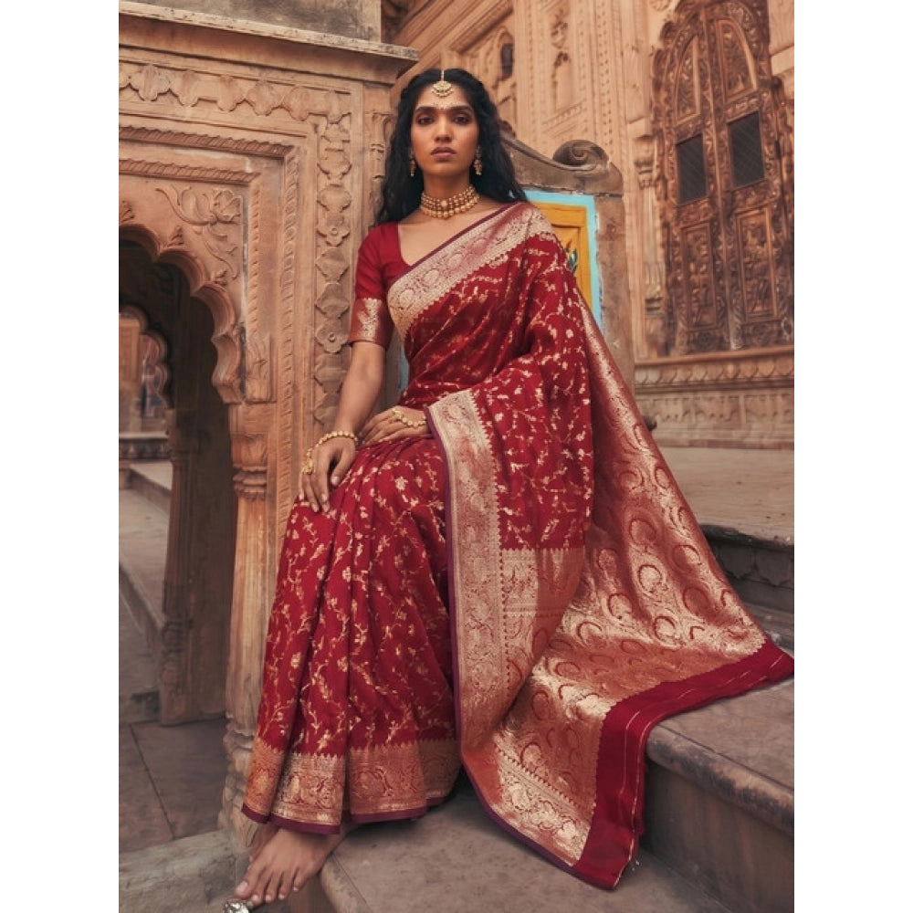 { "alt_text": "Red art silk saree with unstitched blouse, printed ethnic wear, 5.5 meter traditional Indian clothing" }