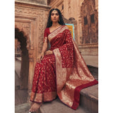 { "alt_text": "Red art silk saree with unstitched blouse, printed ethnic wear, 5.5 meter traditional Indian clothing" }