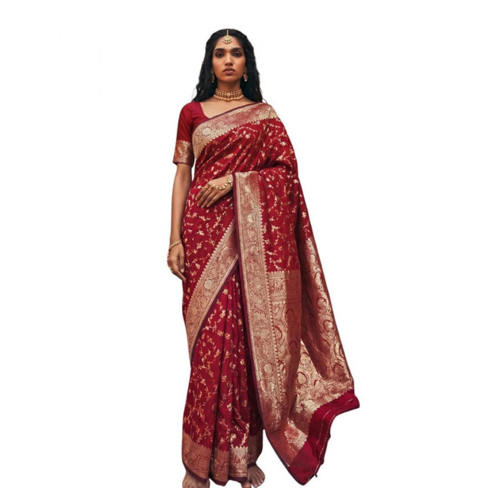 { "alt_text": "Red art silk saree with unstitched blouse, printed ethnic wear, 5.5 meter traditional Indian clothing" }