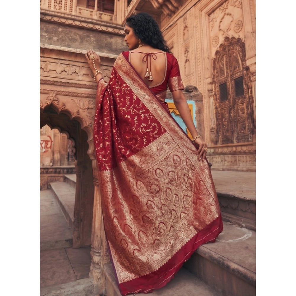 { "alt_text": "Red art silk saree with unstitched blouse, printed ethnic wear, 5.5 meter traditional Indian clothing" }