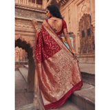 { "alt_text": "Red art silk saree with unstitched blouse, printed ethnic wear, 5.5 meter traditional Indian clothing" }