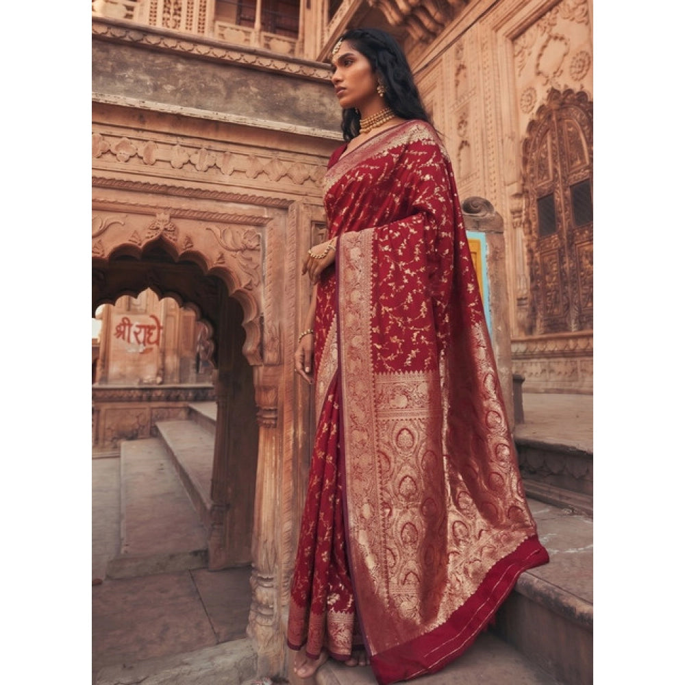 { "alt_text": "Red art silk printed saree with unstitched blouse, 5.5m, traditional Indian ethnic wear" }