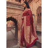 { "alt_text": "Red art silk printed saree with unstitched blouse, 5.5m, traditional Indian ethnic wear" }