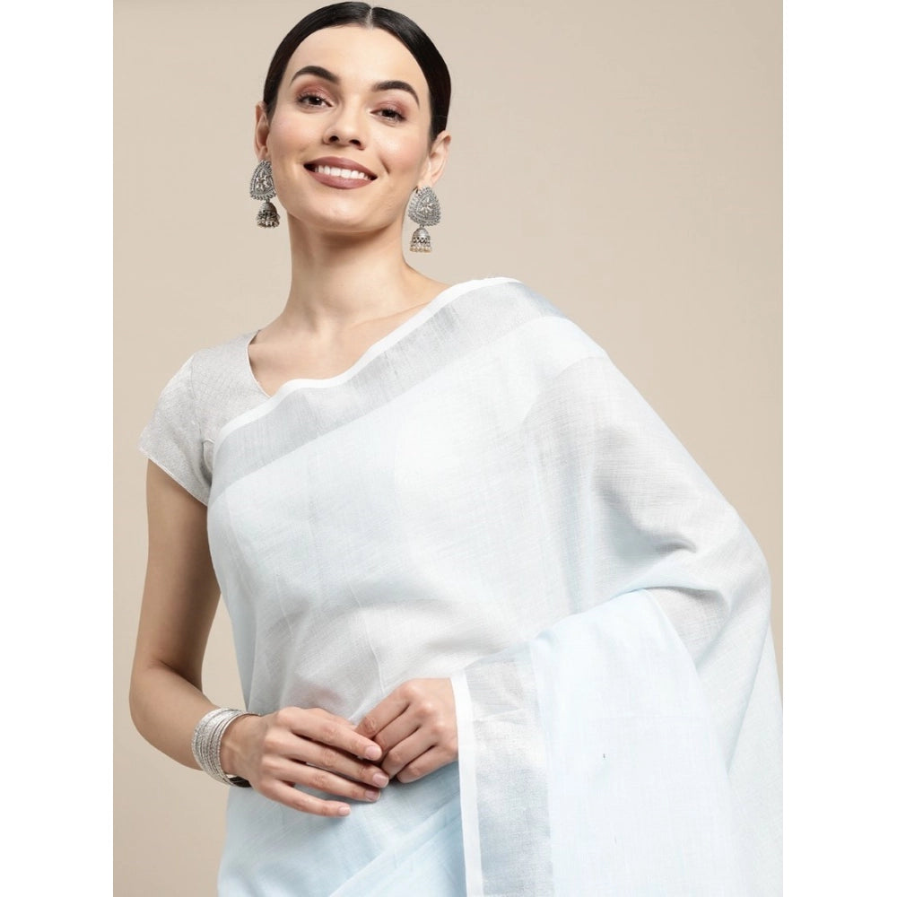 { "alt_text": "Sky blue linen cotton striped saree with unstitched blouse, 5.5m, ethnic wear, Indian traditional clothing" }