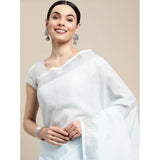 { "alt_text": "Sky blue linen cotton striped saree with unstitched blouse, 5.5m, ethnic wear, Indian traditional clothing" }