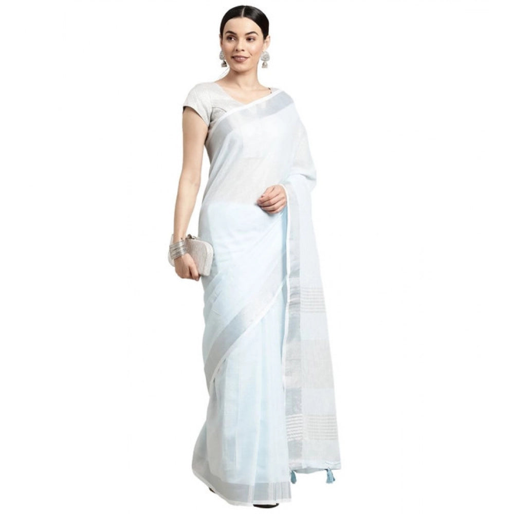 { "alt_text": "Sky blue linen cotton striped saree with unstitched blouse, 5.5m, ethnic wear, Indian traditional clothing" }