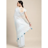 { "alt_text": "Sky blue linen cotton striped saree with unstitched blouse, 5.5m, ethnic wear, Indian traditional clothing" }