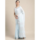 { "alt_text": "Sky blue linen cotton striped saree with unstitched blouse, 5.5m, ethnic wear, Indian traditional clothing" }