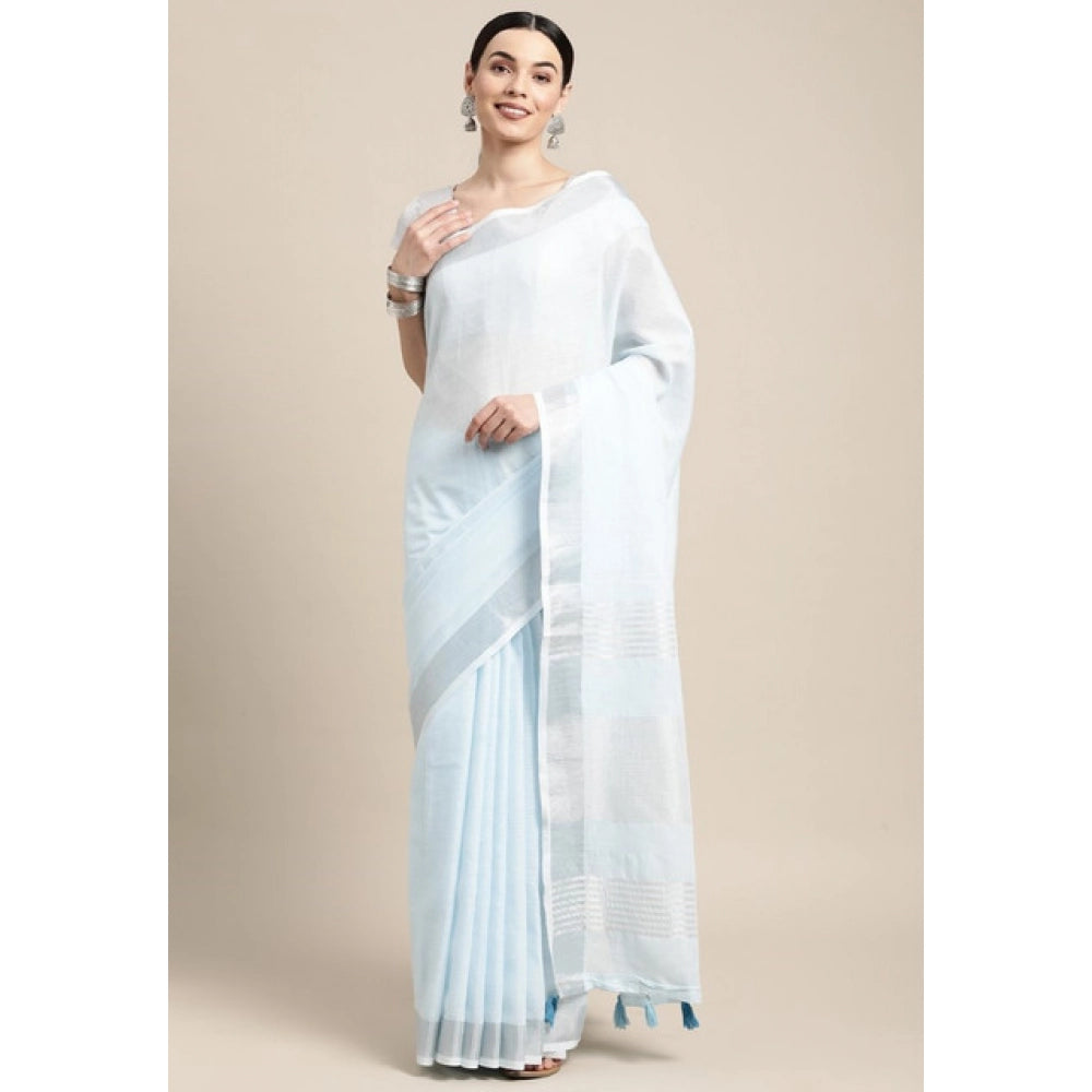 { "alt_text": "Sky blue linen cotton striped saree with unstitched blouse, 5.5m, ethnic wear, Indian traditional clothing" }