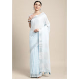 { "alt_text": "Sky blue linen cotton striped saree with unstitched blouse, 5.5m, ethnic wear, Indian traditional clothing" }