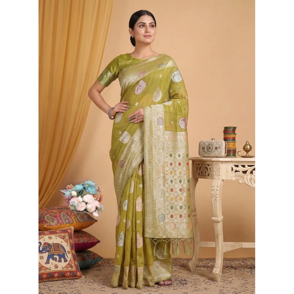 { "alt_text": "Mustard linen cotton printed saree with unstitched blouse, 5.5Mtr, ethnic wear fashion" }