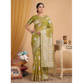 Women's Linen Cotton Printed Saree With Unstitched Blouse 5.5Mtr (Mustard)