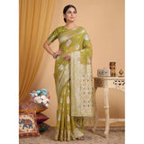 { "alt_text": "Mustard linen cotton printed saree with unstitched blouse, 5.5Mtr, ethnic wear fashion" }
