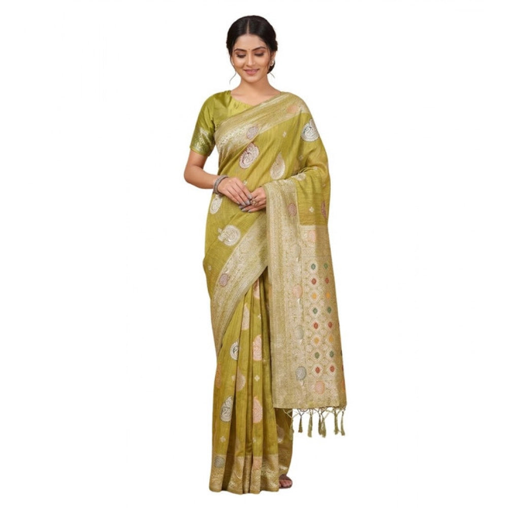 { "alt_text": "Mustard linen cotton printed saree with unstitched blouse, 5.5Mtr, ethnic wear fashion" }