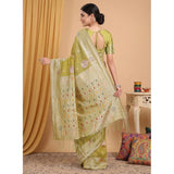 { "alt_text": "Mustard linen cotton printed saree with unstitched blouse, 5.5Mtr, ethnic wear fashion" }